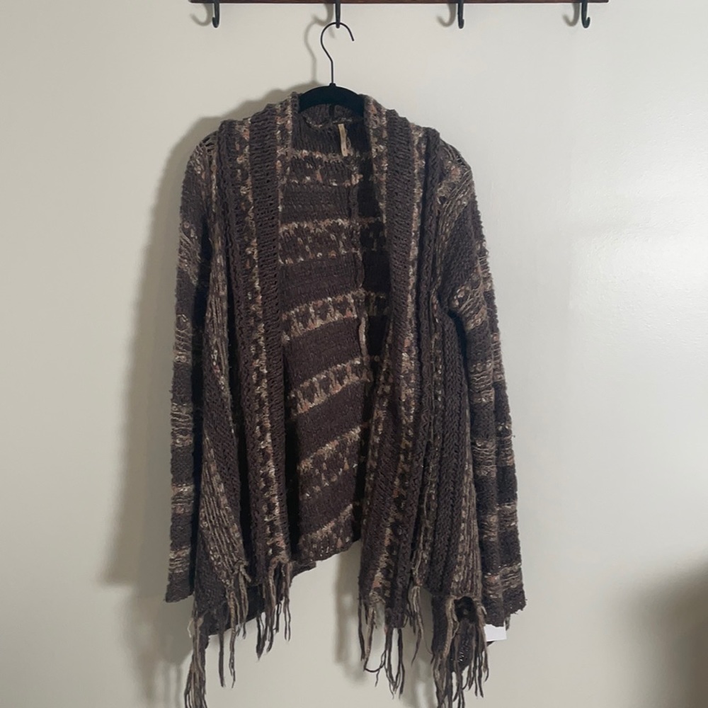 Free people brown “runway love” cardigan sweater with fringe. Boho/ hippie.